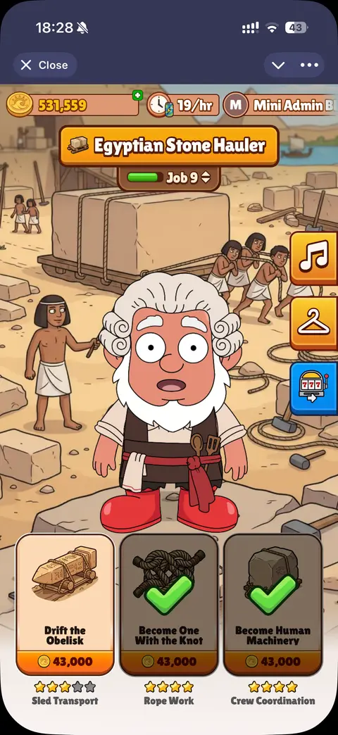 Pebbler career scene showing a character in an Egyptian quarry above three progression cards